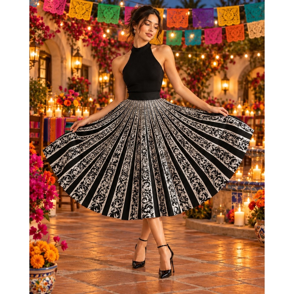 50s Lavable Hand Painted Mexican Circle Skirt Black White Sequin Cotton Large